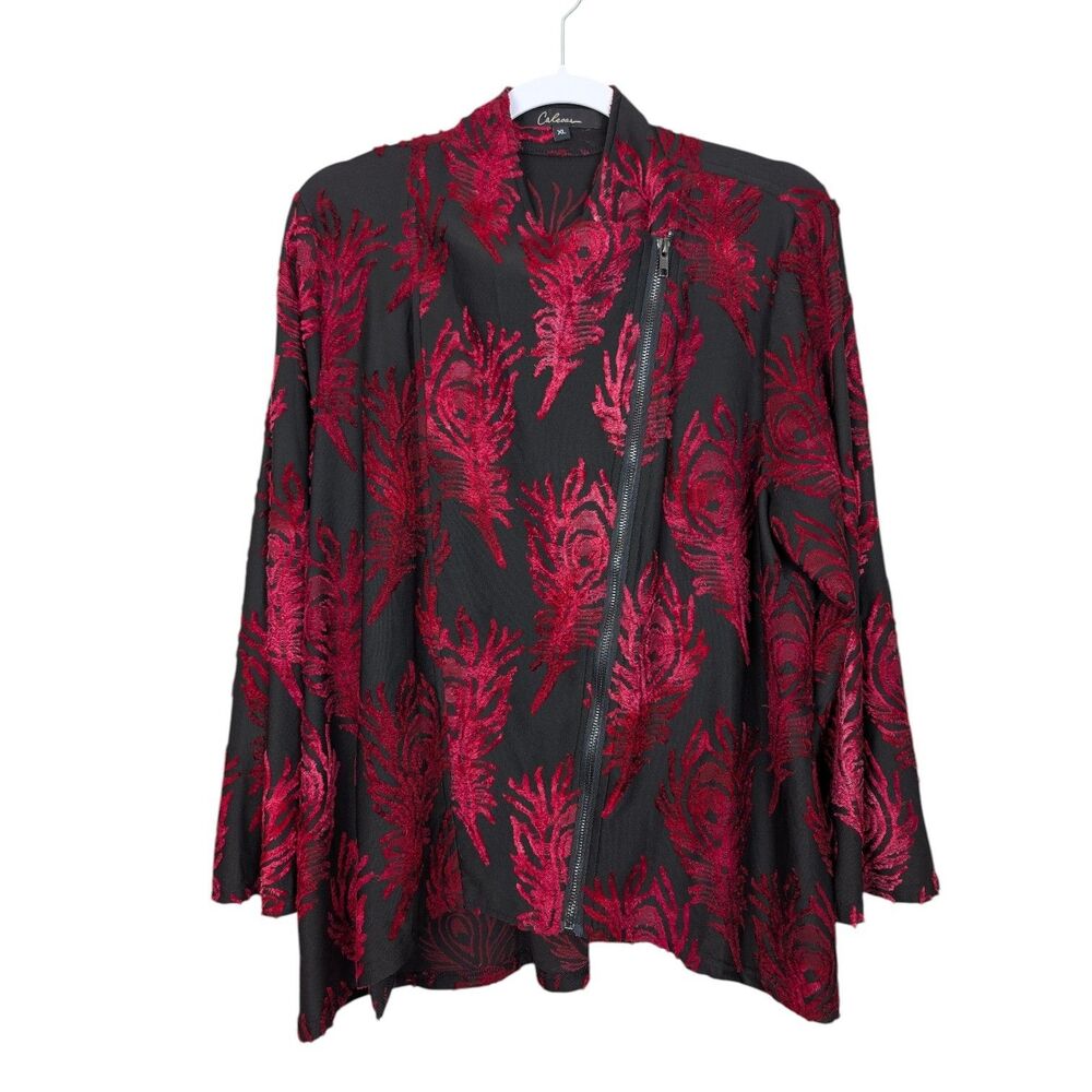 Calessa Womens XL Black Red Embroidered Asymmetric Zip Stretch Top Jacket
